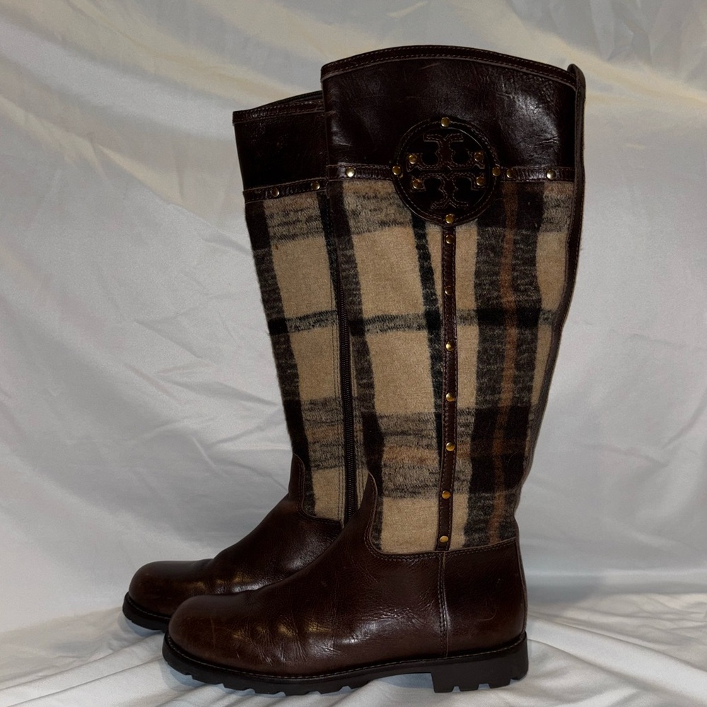 Tory Burch Colleen Plaid Leather Riding Boots